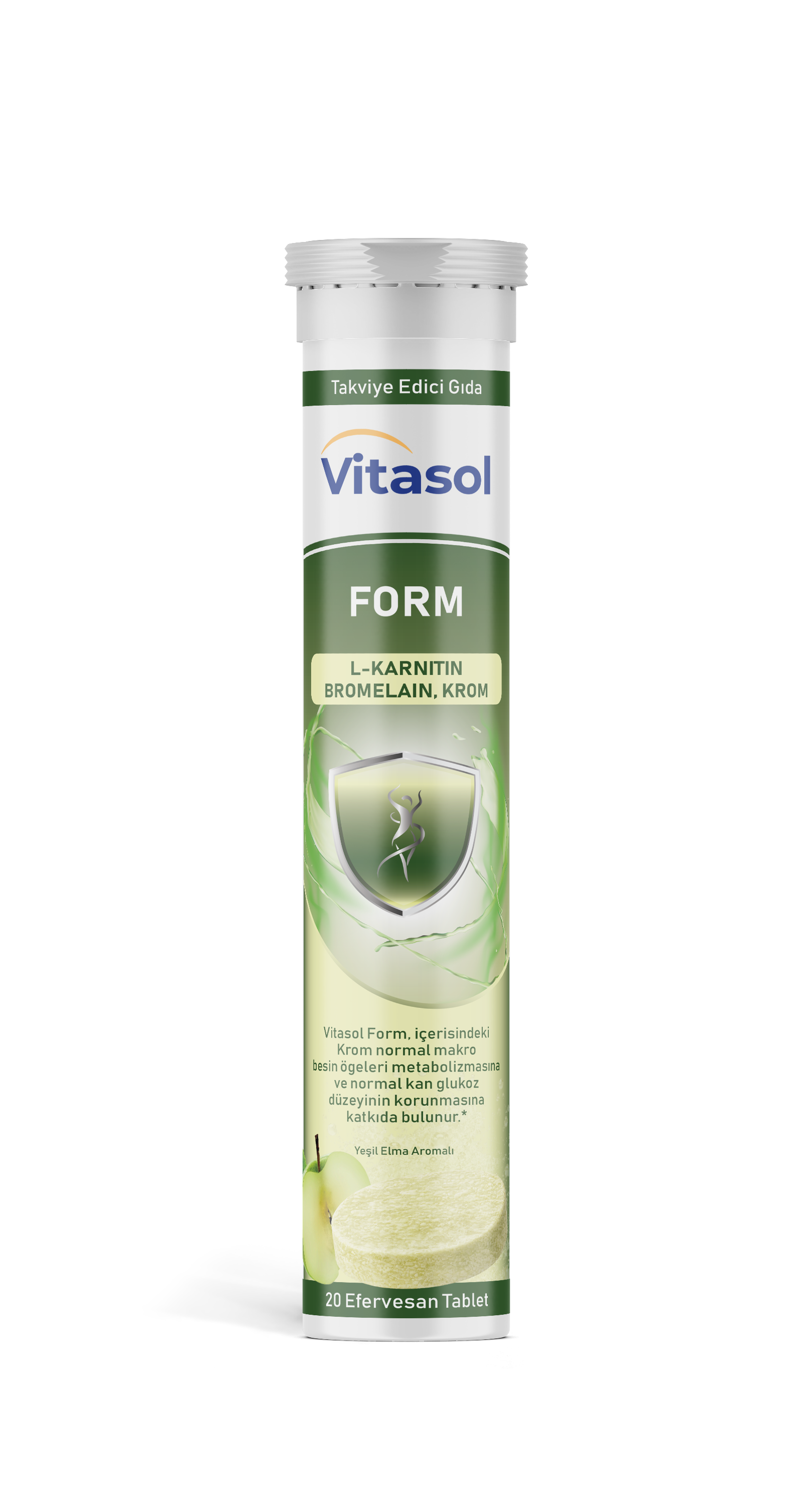 Vitasol Form, yeşil elma aromalı 20 efervesan tablet